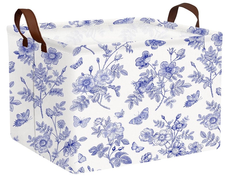 BOOHIT Large Blue Chinoiserie Willow Butterfly Decor Basket Collapsible Storage Bin (Floral) - Image 1